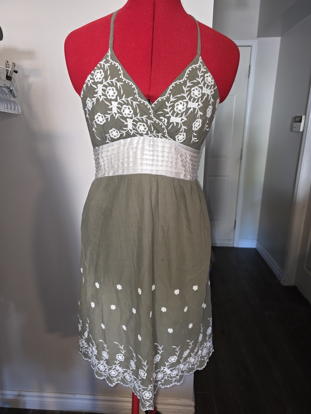 Olive Green Embroidered Sundress with White Accents